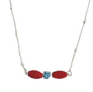 Hand Crafted Silver Plated Carved Cinnabar Millefiori Glass Ball Chain Necklace